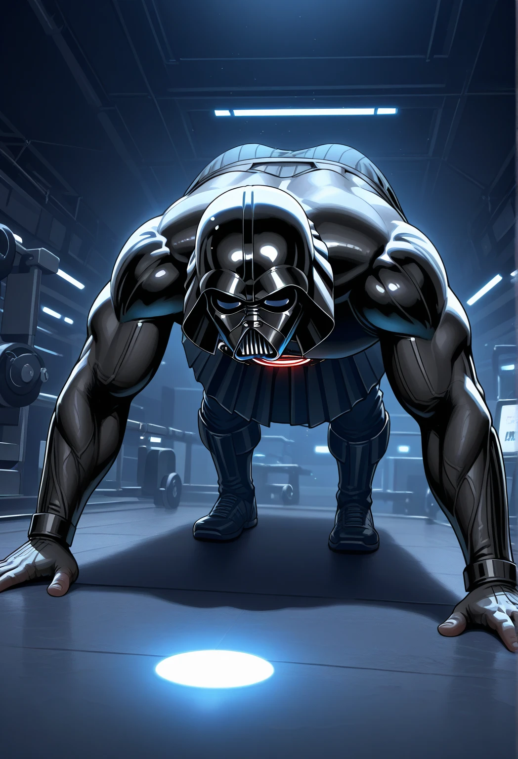 Darth Vader with a big muscular body, bodybuilder style, realistic
