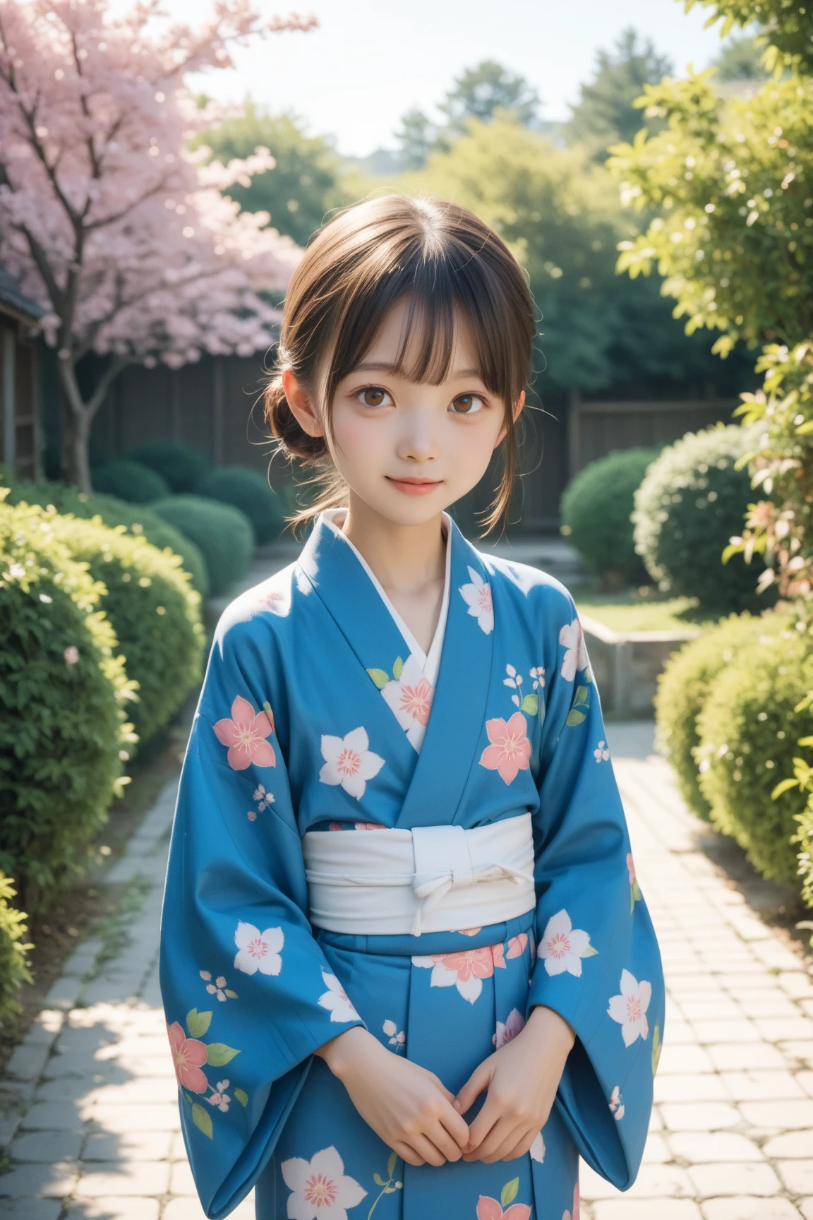 11 year old girl Japanese Blue yukata with iris pattern、yukata Realistic Skin Bigeyes smile The chest is wide open