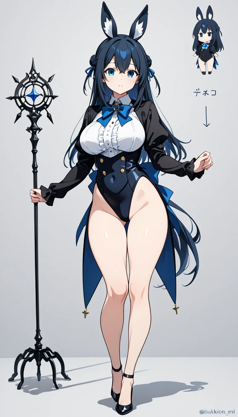 ((masterpiece)),(((best quality))),(character design sheet, same character, front, side, back, up), illustration, 1 girl, genshin impact style, full body, witch , purple witch hat, long black hair, medium breasts, purple mini skirt, corset, white shirt, open legs, black panties, exposed panties, thick mules, tight stockings, white background, beautiful woman
