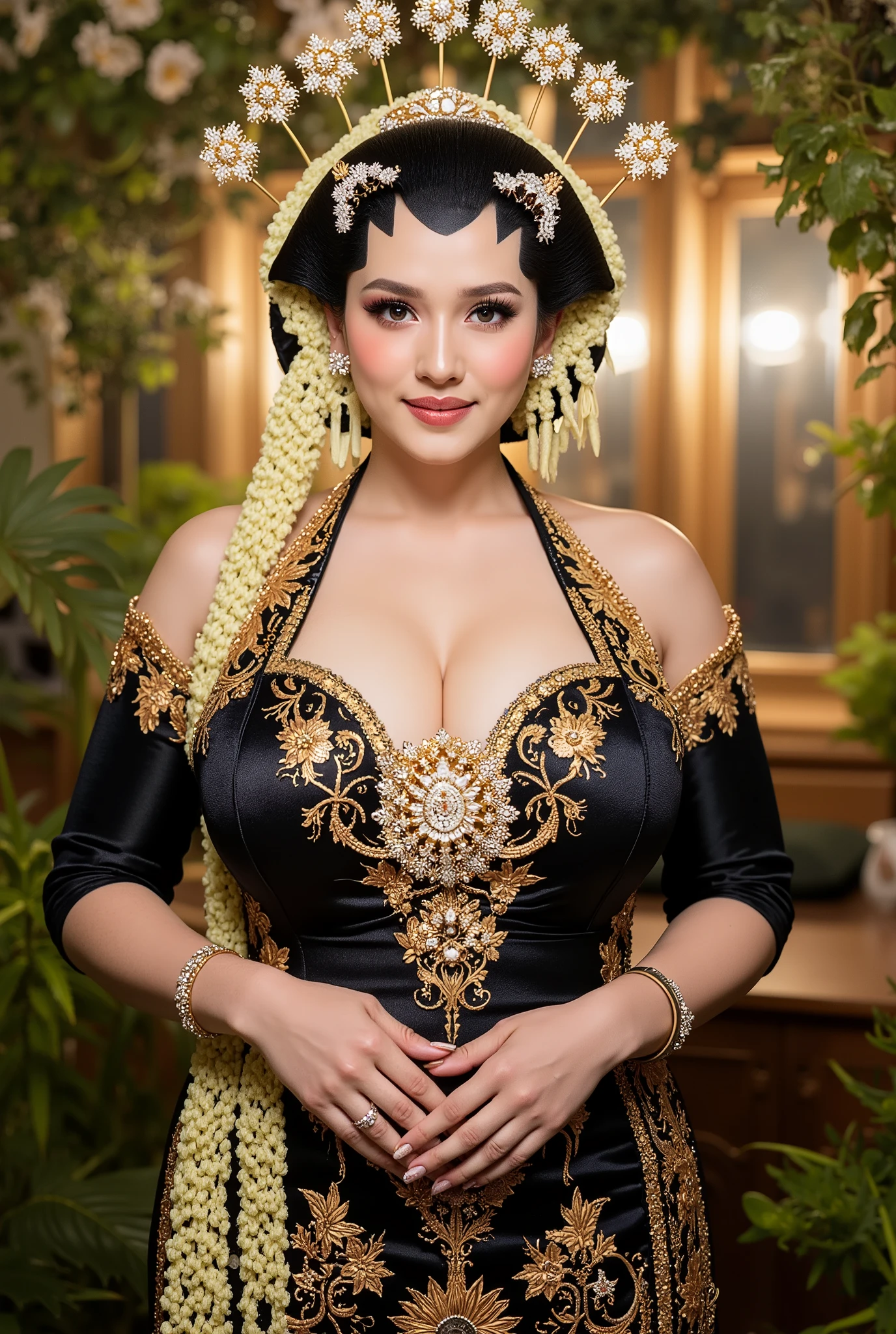Bbw womwn chubby in kebaya dress, open breast full body