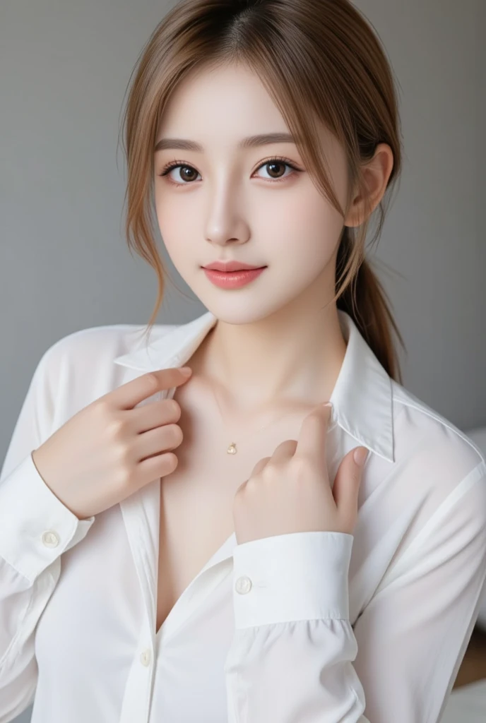 (1girl), (round eyes:1.2), (highly detailed face and eyes), smile, Amazing face and eyes, (shirt:1.3), cleavage, (Best Quality:1.4), (Ultra-detailed), (extremely detailed CG unified 8k wallpaper), Highly detailed, High-definition raw color photos, Professional Photography, Realistic portrait, Amazing face and eyes, indoors, office, (office lady, casual:1.3), (A moment of relaxation), model, depth of fields, (fine face:1.2),