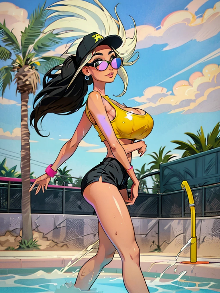 SFW Aunt Cass, sitting straight symmetrical, sitting on grass, full body, solo girl looking to the camera, cow bell choker, metal sandals, black and white bikini (cow pattern), black thigh highs, farm background