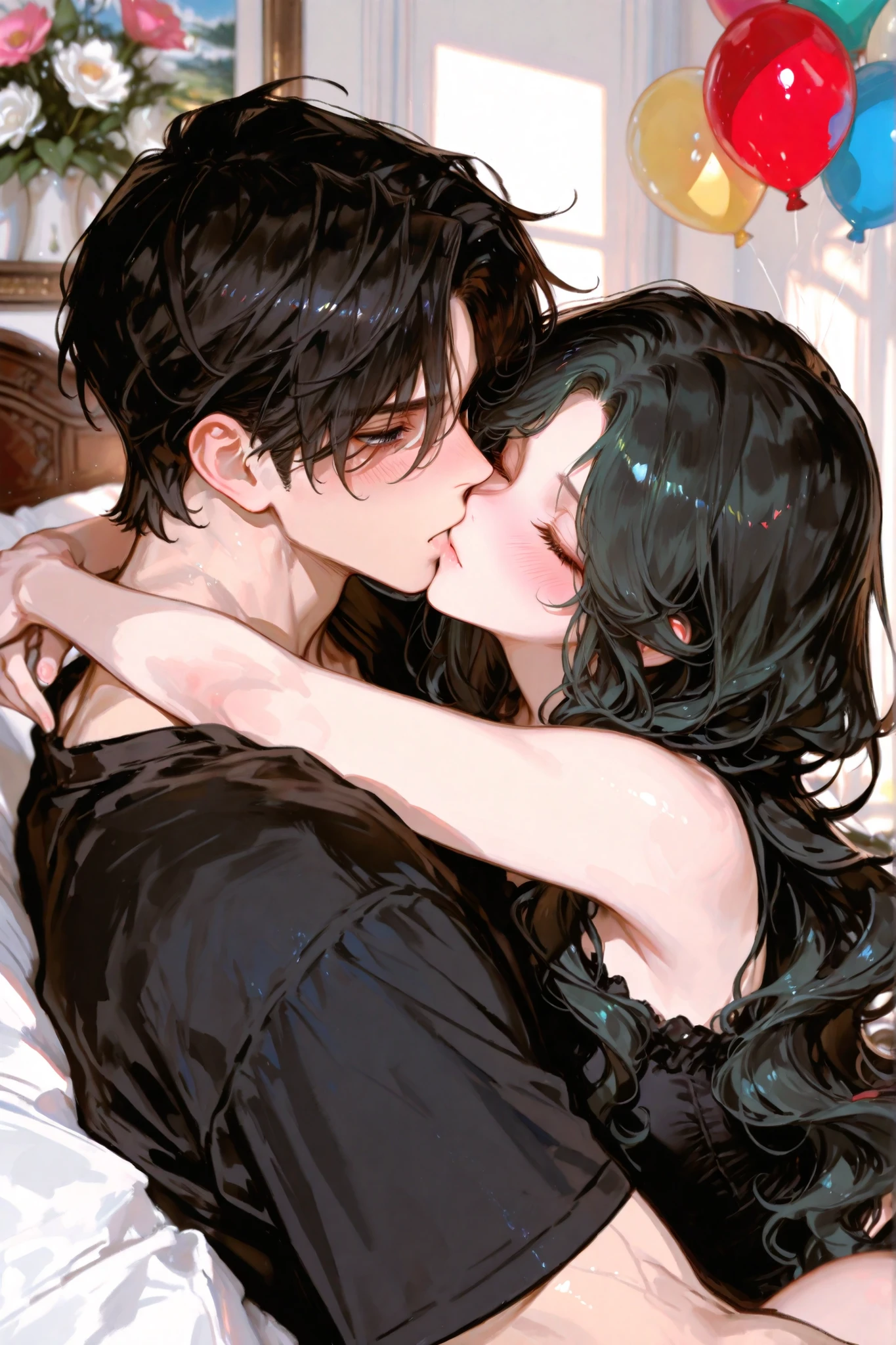 1male and 1female romantic couple. they kissing with hug, The female is a 30-years-old full black hair styled in ((long hair and wavy hair)) and (((curtained bangs))). she closed eyes, she looks an aroused expression with blush, she wear dark green pajama,
The male is 30-years-old ((very very handsome)) and 190cm tall, with unkempt and curly black hair, long parted bangs, and short hair at the back. he is dark gray eyes, he wear black shirt, He has a slightly muscular build, the background is wedding propose room with balloons and flowers, romantic, faces are highly detailed and expressive, capturing the emotions of the moment.
Additional details: very detailed, 8k, ultra HD, cinematic lighting, depth of field, realism-style rendering, vibrant colors, dynamic composition.