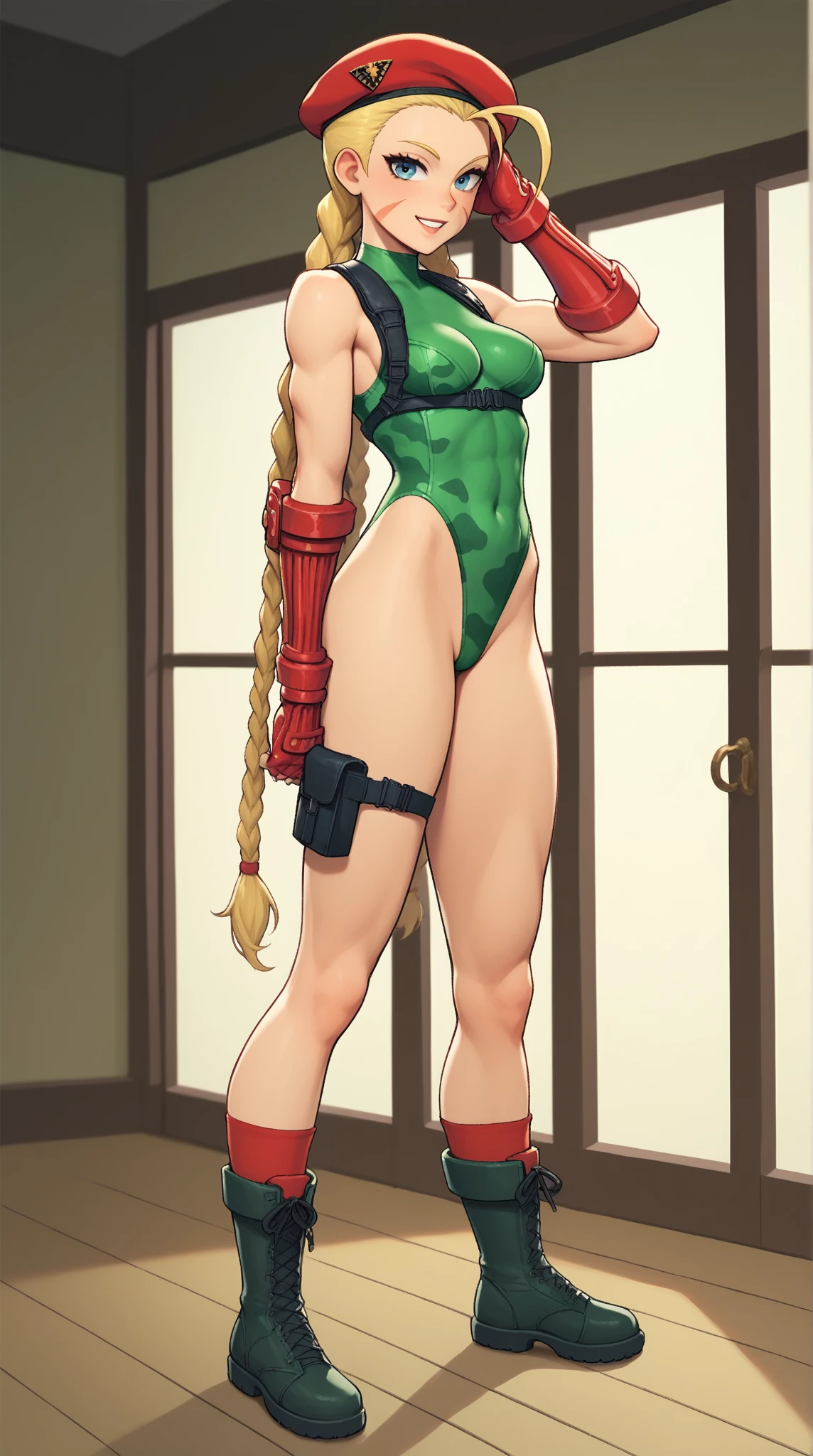 Busty big Cammy has a matching hat and long boots too, and retaining his characteristic combat gauntlets. She appears to be at least still wearing her thong leotard under her jacket, while his legs are still painted with camouflage stripes.