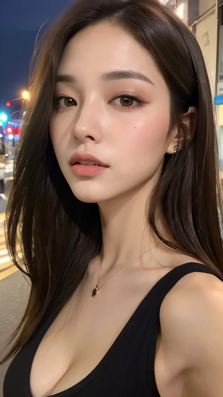 ((highest quality, 8K, masterpiece :1.3)), sharp focus :1.2, perfect body beauty: 1.4, slim abs: 1.2, ((dark brown hair, big breasts: 1.2)), (Natural light, city street: 1.1 ), Highly detailed face and skin texture, fine eyes, double eyelid, (((dynamic angle)))