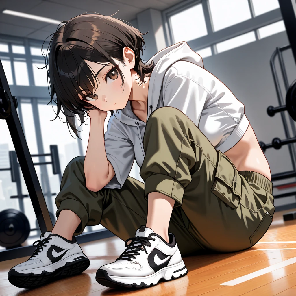 A boy cleaning the gym in gym clothes、Cover your face with both hands、Break down in tears、cry、squat