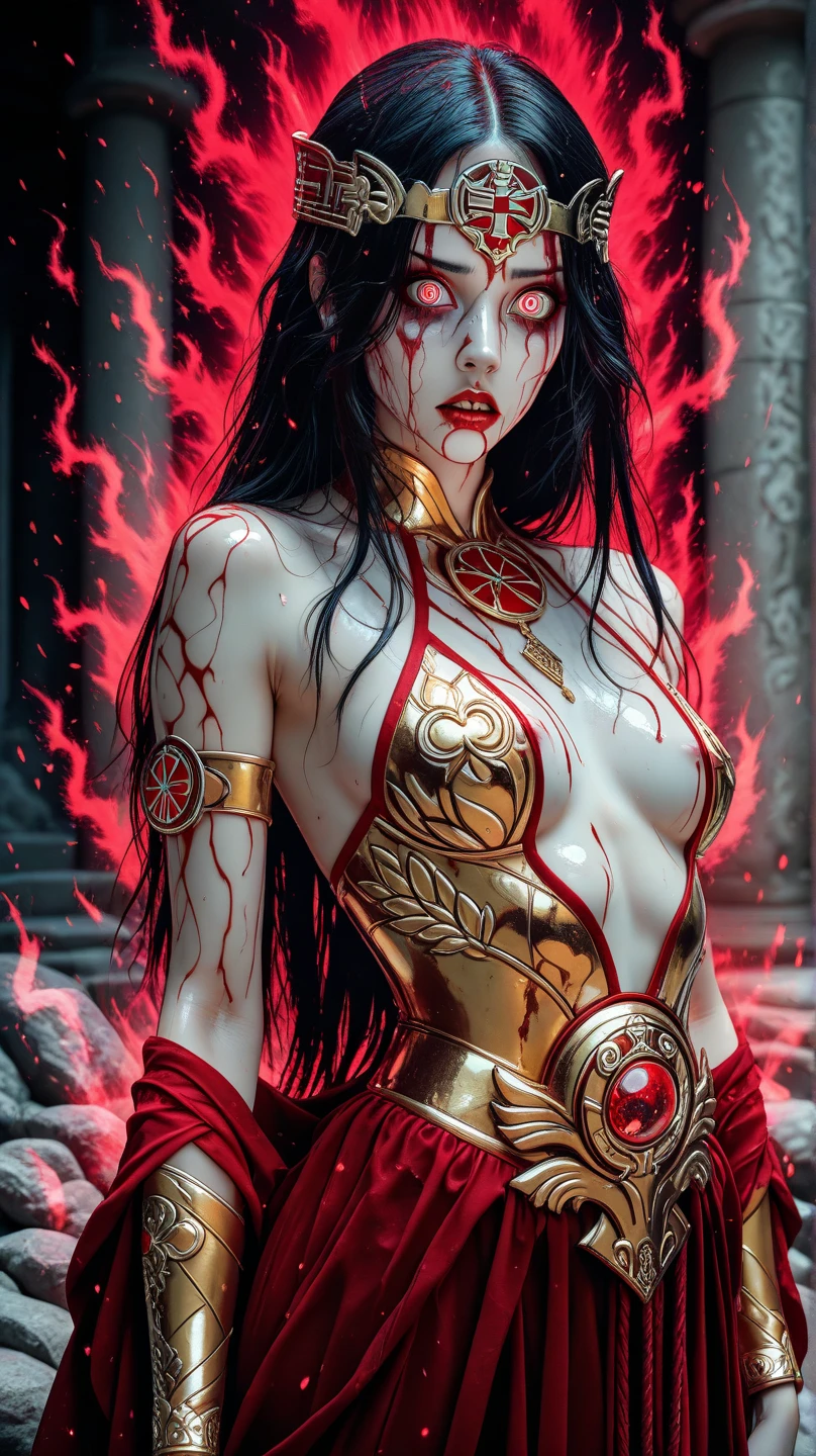 a beautiful illustration of a very muscular vampire girl in an abstract marble texture with a tarot style frame, with colors of obsidian black, shiny gold, and ruby red, highly detailed, intricate design, BY Anne Bachelier,
