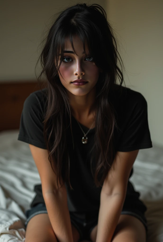 Woman looking down and crying,Highest quality,Beautiful Skin,long hair,20A woman in her twenties,Alone in the room,Black T-shirt