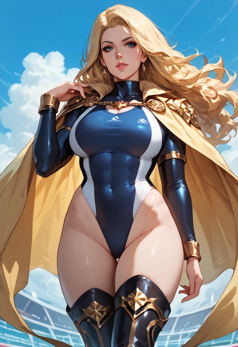 ((Full body photo, feet on the ground, straight body)), ((Laura/woman, big breasts, extremely beautiful)), {Super Saiyan Superior Instinct} wearing Goku ???'s costume/extremely tight on the body, emanating golden magic aura circling furiously around the body. Background, city completely destroyed at night raining hard. She has {silver eyes, white Super Saiyan hair} her hair, face and her outfit are soaked in water, She is staring at the viewer, smiling, fists clenched, concentrating magical aura, in a forward attack pose. Dragon Ball , high detail, anime, 16k, UHD, retina, retina, ccurate, anatomically correct, textured skin, super detail, high quality, award winning