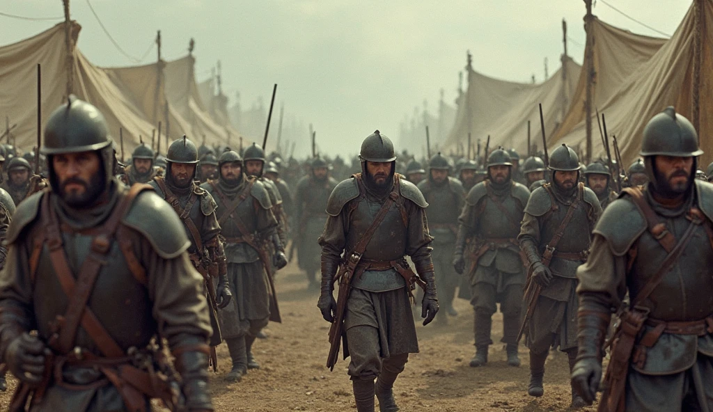 Image of a group of men in armor with spears and spears, Gros plan du film VFX, Scene where she is in Rivendell, Forteresse du Chaos GrimDark, Riot shields, still from a music video, an army recruitment poster, inspired by Kamāl ud-Dīn Behzād, dans une armure, Awarded on CGsociety