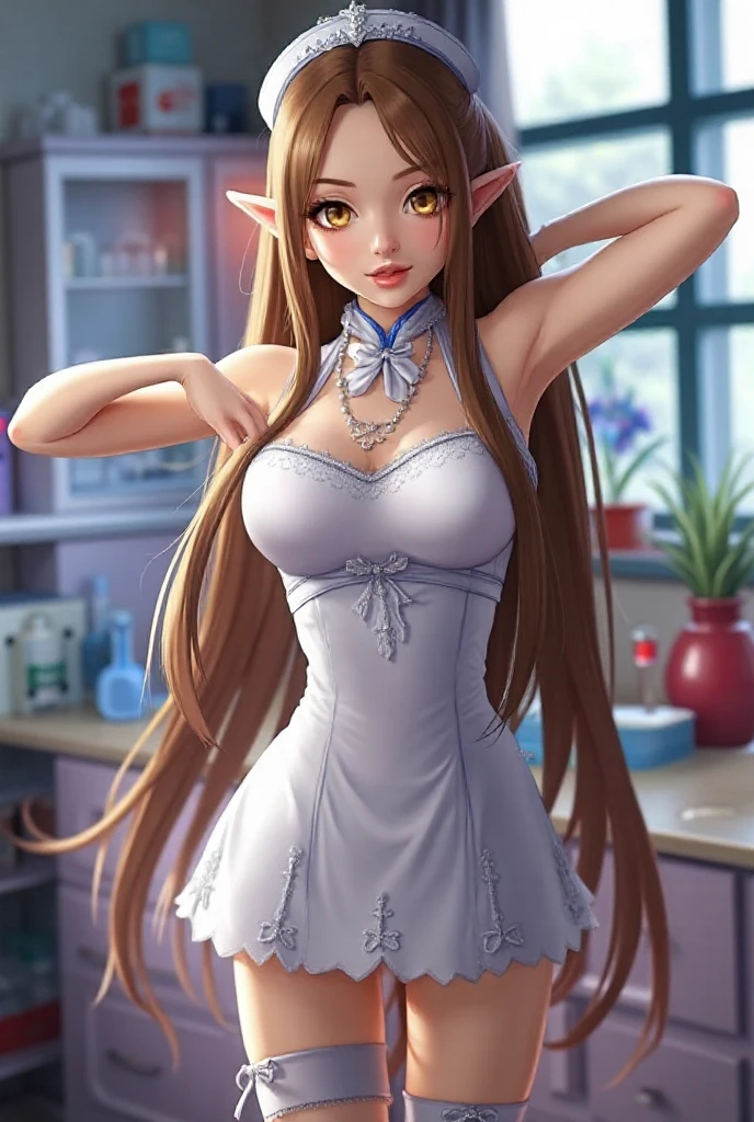 Beautiful elf girl, one, gentle, Messy long hair with long bangs, beautiful cute face, Charming, smiles tenderly,, The kind expression on his face, Facing the camera, ((Color of the skin: white)), Body highlights, half naked, ((Clear eyes)), ((Beautiful Female Eyes)), ((Perfect sexy figure)), ((Ideal body shapes)), big hips, ((Slim and beautiful)), ((sexy clotheedieval white dress with black corset and sexy neckline, necklace)), beautiful lingerie background: Modern Kitchen Beautiful House, depth of field, ((ultra quality)), ((the masterpiece)), ((sharp image)), ((clear details)), ((Realistic)), ((professional photo shoot)), ((Clear Focus)), anime, ((Colorfully drawn)), NFV