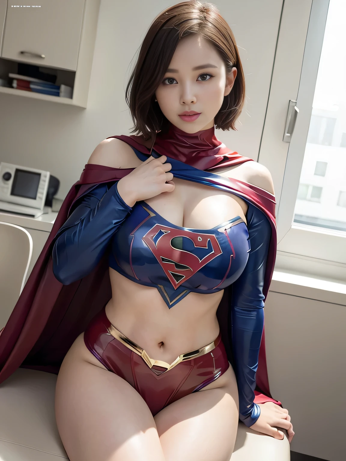 masterpiece、Rubber Supergirl Costume、Short Hair、Hospital operating table、Crisis situation、Big and ample breasts、looking at the camera、Shiny、Off the shoulder、choker、Long sleeve、exy poses to seduce、Sweaty skin、Model Body Type、Alluring、charm、Enchanting、Abused、test subject、victim、Wild、Photorealistic、latex、Expose your belly、athlete、Racing Bloomers、Photo magazine cover、Red cloak、Beautiful thighs、wallpaper for pc、