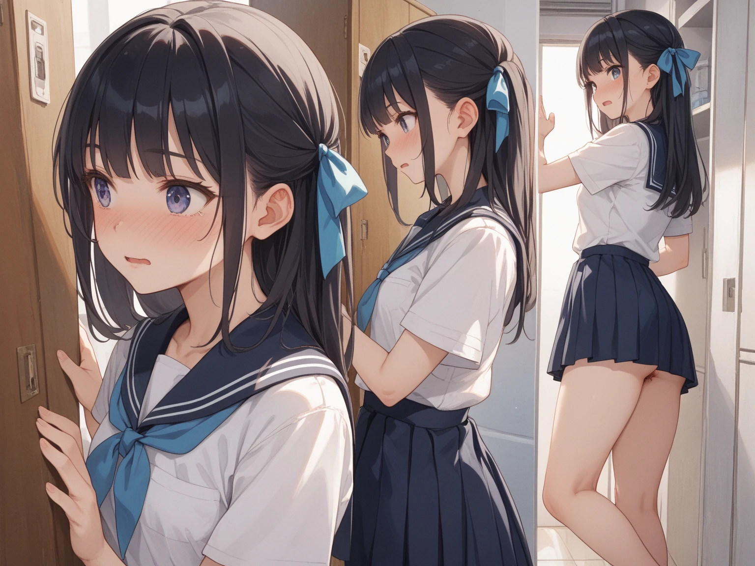 ((best quality)), ((masterpiece)), (detailed), (((perfect face))), ((slender 18yo topless girl)), (((girl wearing dark blue pleated skirt))), ((medium breasts)), ((brunette, brown hair)), ((blue eyes)), ((ponytail)), ((((topless)))), ((shy:1.3)), ((blushing:1.5)), ((skinny thighs)), ((skinny hips)), (((girl looking away))), (((upper class bathroom)))