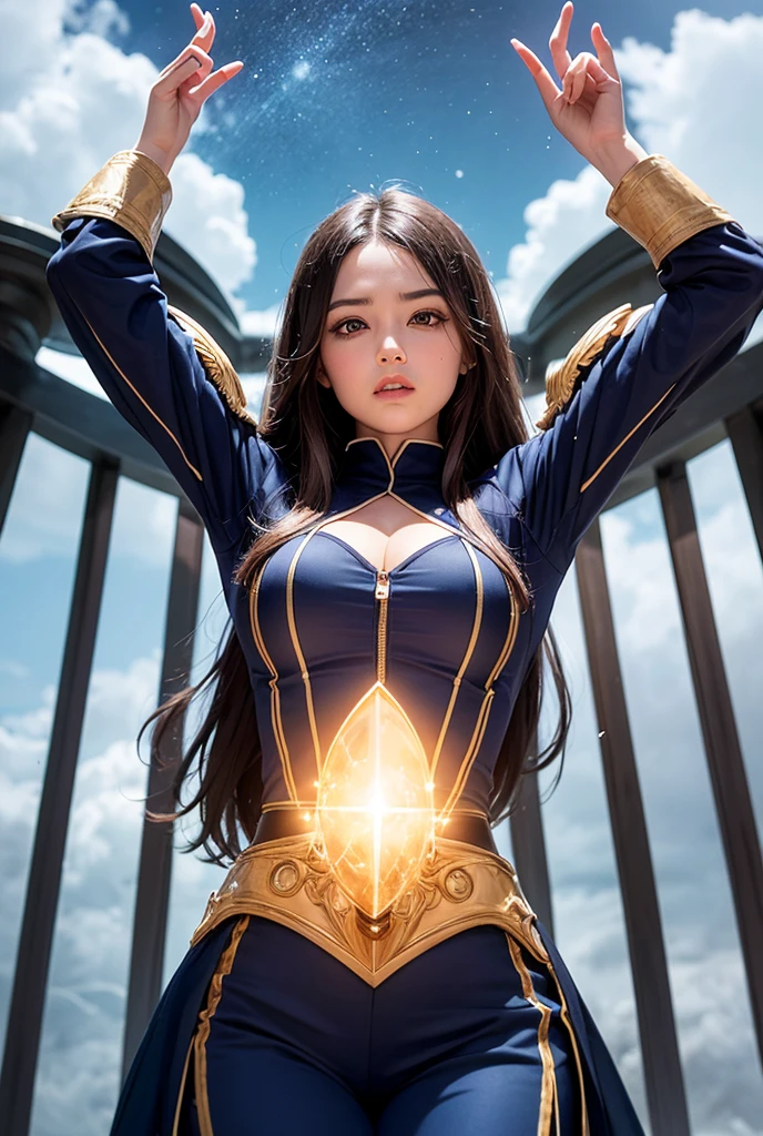 Award-Awarded, Best quality, A high resolution, High quality, High details, Super detail, Anatomically correct, Textured skin, ccurate, Masterpiece, retinas, hyper HD, 8K，hair glowing，metahuman，levitating，Cloud