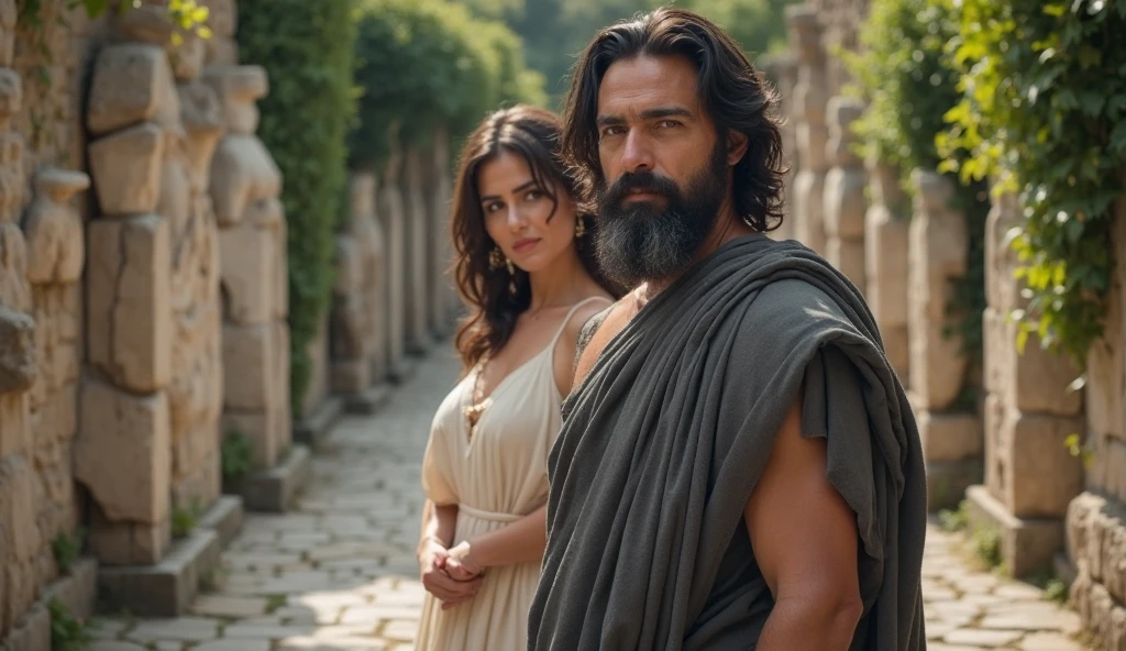 a greek woman wearing greek dress, head to toe visible standing in front of a greek Shepherd young masculine, renaissance, cinematic