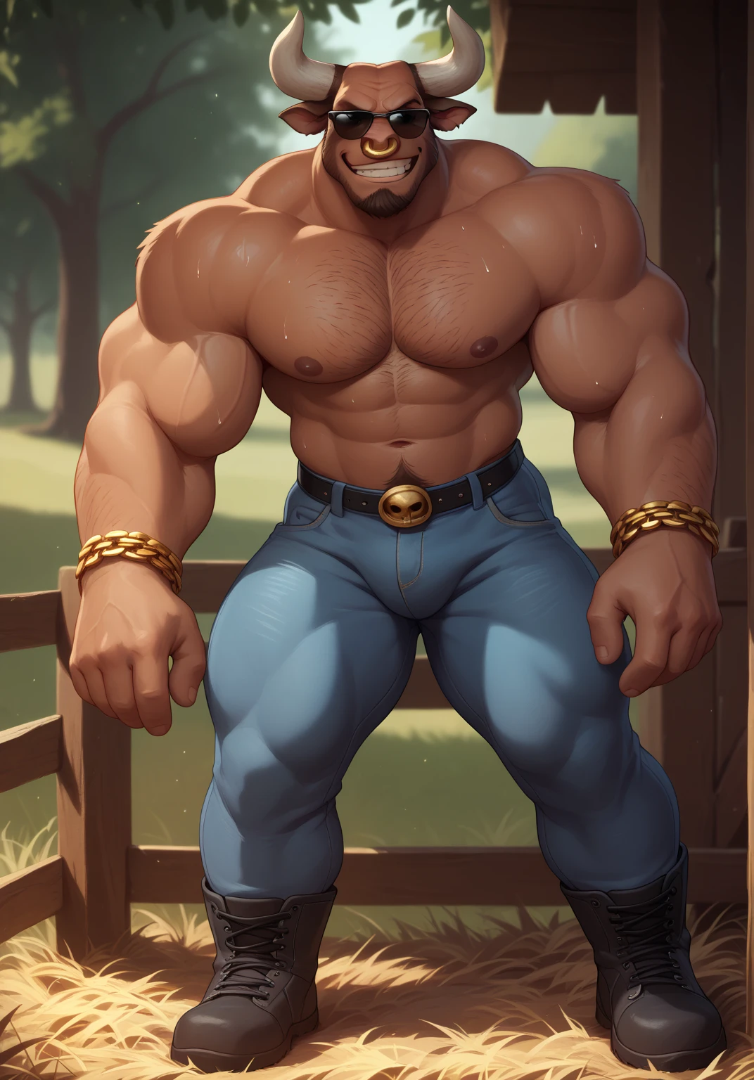 hyperrealistic, 50yo man, turkish man, Dancer, completely nude, (dark hair), ((dark skin)), volputuous body, large pectoral, wavy hair, (mustache), (beard), hairy, light smile, legs apart, hazel eyes, Gladiator Sandal, chain, large penis, glans, frenulum, (saggy balls), in a wilderness, (dance), dynamic pose, dynamic angle, <lora:ArtMale_V1.0:0.55> artmale, impressionism, <lora:APL_T2_L-000009:0.65>