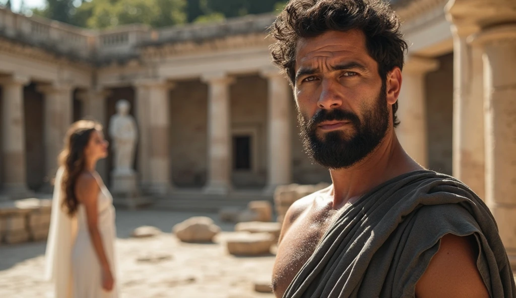 In a grand Roman forum, a male stoic philosopher with a well-proportioned, attractive physique is depicted standing at the edge of a symbolic precipice, as if the ground has vanished beneath him. He wears a classic tunic in muted earthy tones—grey, brown, and olive green—with an open shoulder design that subtly reveals his physique. His face shows a mix of shock and despair, captured in a close-up with dramatic, contrasting lighting that accentuates his emotional turmoil. The background features fragmented or blurred elements of the Forum’s grandeur, creating a sense of instability and emotional upheaval. The camera focuses on his intense expression and the fractured ground beneath him, emphasizing the sensation of losing one's balance and the deep emotional impact of betrayal.