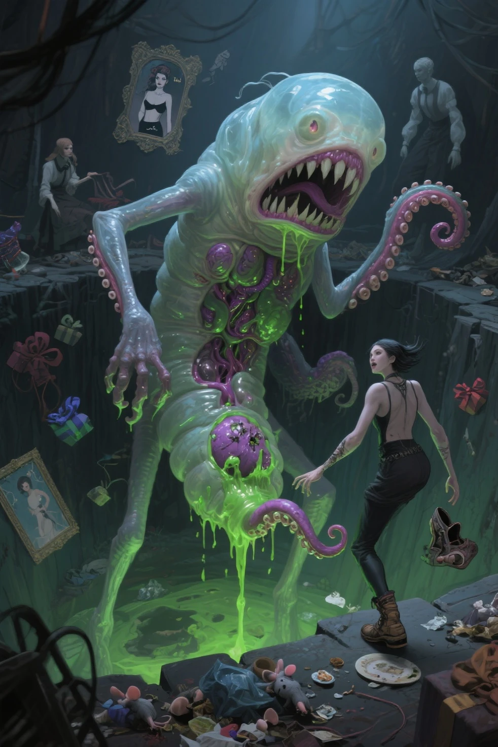 A giant transparent slime monster absorbs a human woman into its body.、Devouring her clotheelt it。Dark fantasy、Dungeons、Detailed anatomy、Slimy tentacles、Sticky texture、Surreal、Striking colors、Cinematic lighting、Dramatic atmosphere、Intricate details、Photorealistic、8k、Very detailed、masterpiece
