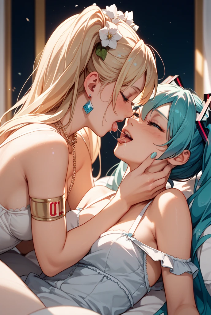 transparent clothing, wet, mouth open, tongue out, flushed, eyeshadow raised, sweaty 8K, masterpiece, a yellow hair and a purple hair, pushed down on the bed, romanticism, lesbian kiss, lesbian hug, kiss each other, bride, kiss together, hug, kiss together perfectly, beautiful, goddess, two beautiful women in love, standing