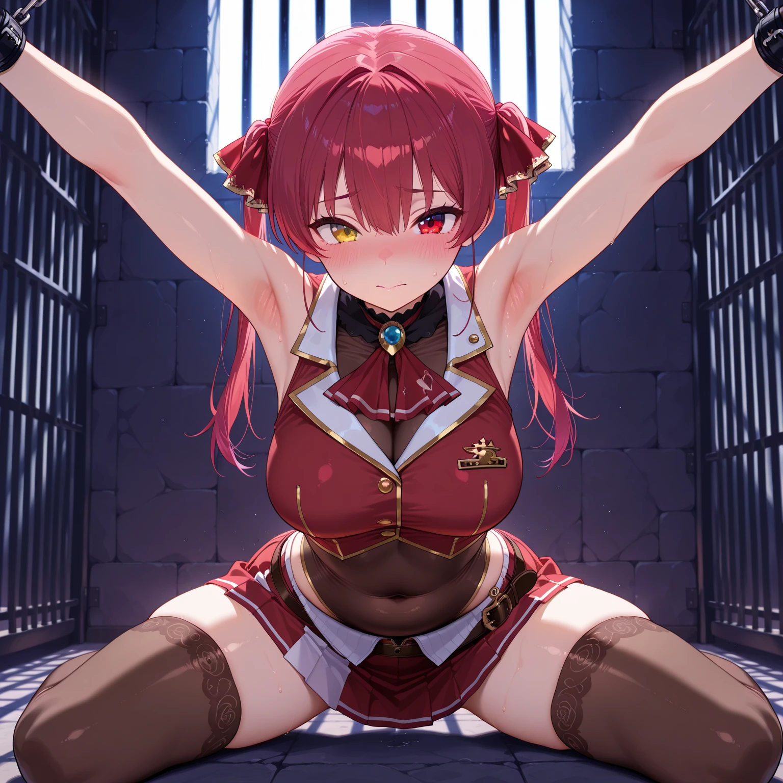 prison, concrete wall, concrete floor, wooden horse, straddling wooden horse, ((completely naked)), ((cry out:1.5)), ((it hurts:1.5)), sobbing, ((bondage)), ((bound)), ((bdsm)), ((rope)), (masterpiece:1.2), best quality, high resolution, (beautiful detailed face:1.2, beautiful detailed red eyes:1.2), perfect lighting, (perfect hands, perfect anatomy),
Cute, beautiful, charming lady, pov,
orange hair, single bun hair,