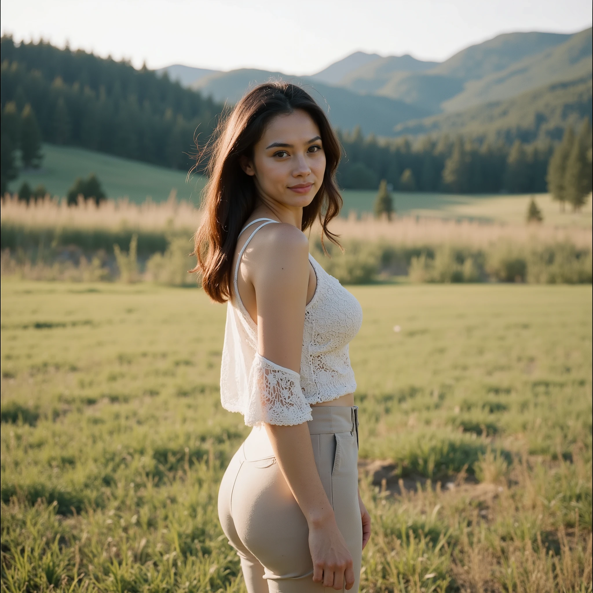 "A young woman standing in a sunlit open field, wearing a light-toned, casual-fitted outfit. She is turned with her back to the viewer, looking back with a soft smile. Her long, dark brown hair flows freely. The image is styled in the Kodak Portra 400 film aesthetic: high dynamic range, warm highlights, smooth skin tones, slightly desaturated greens, and creamy background bokeh. Light is natural and cinematic, casting subtle golden shadows. Emphasize natural textures, balanced color palette, and soft grain. The mood is dreamy and authentic, evoking editorial lifestyle photography with a timeless analog feel."