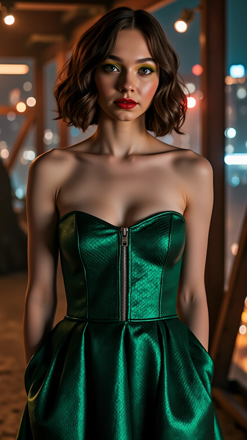 Evening Dress, theater, by Tyler Shields and Miles Aldridge, 35mm photograph, bokeh, best quality, masterpiece, very aesthetic, perfect composition, intricate details, ultra-detailed