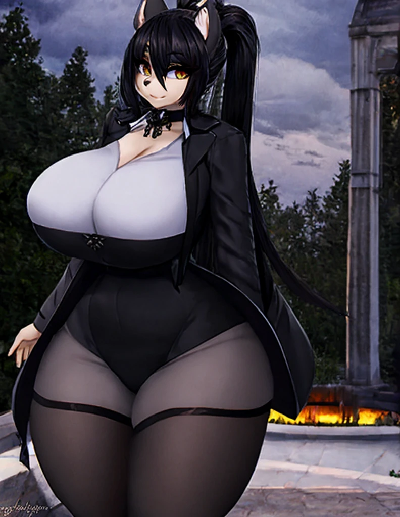 masterpiece, best quality, extremely detail 8k cg, high resolution, 1girl, yuugao, solo, purple hair, long hair, sidelocks, ponytail, brown eyes, perfect eyes, slim body, huge breasts, bursting breasts, standing, black dress, black thighhighs, black gloves, seductive face, outdoors, garden, night time, beautiful face, wide shot photo, full body