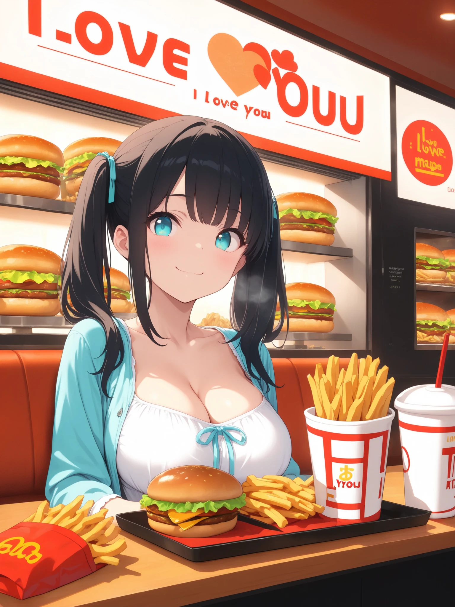 1 beauty,-yeld hischool girl, Watery Big Eyes,Sit facing the camera, (Her mouth is puffed up full of hamburgers), long eyelasher,falda corta,Blushlush,Black Perm Hair, in fast food shop, (With a big smile on his face, he put a hamburger in his mouth.,), A large amount of sauce drips into the cleavage, Food residues spilled on the chest