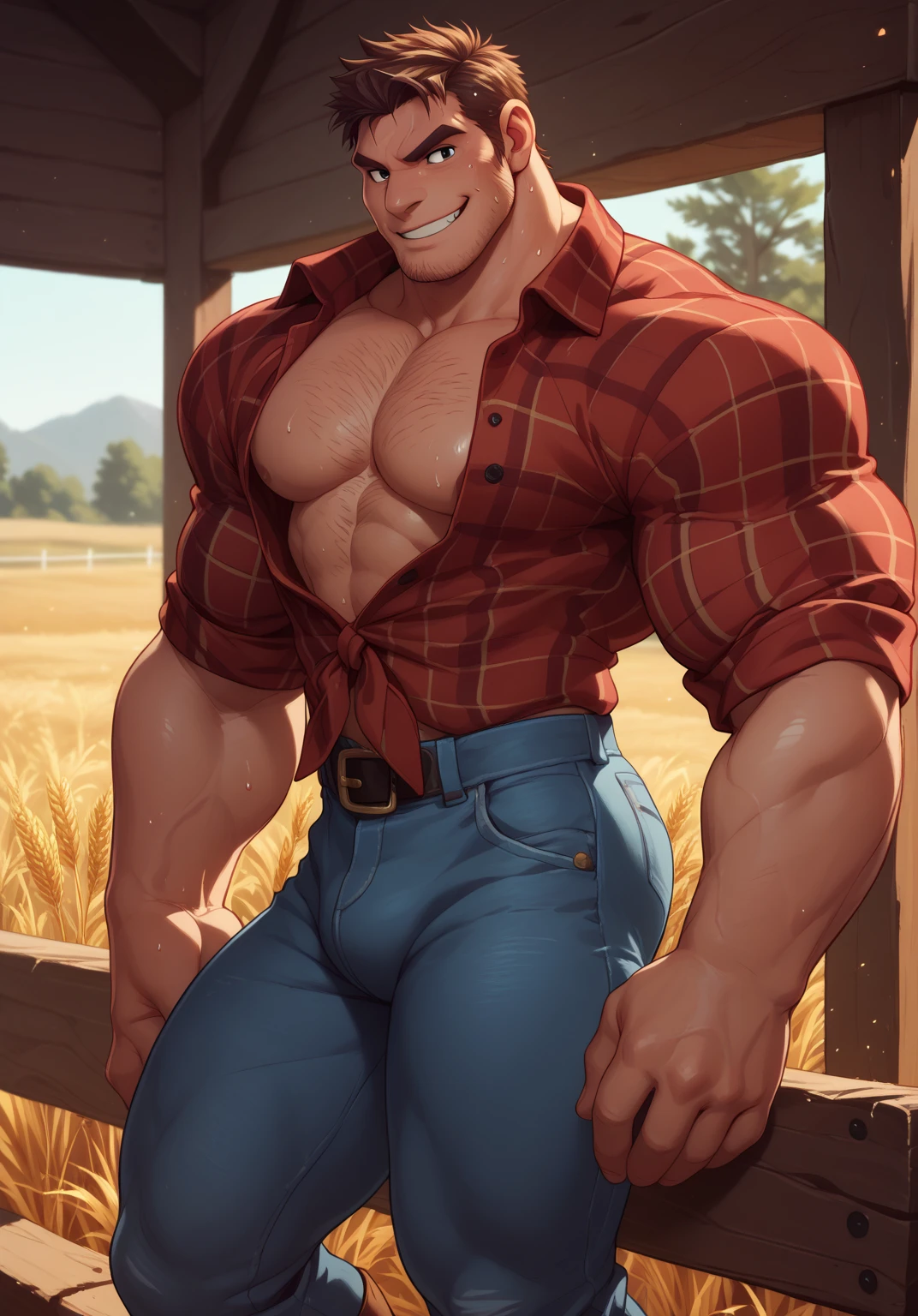 Lion, muscular, tall, huge, (((big pecs))), handsome, plaid shirt, unbutton shirt, lumberjack, forest, (((realistic, 8k, ultra details, masterpiece)))