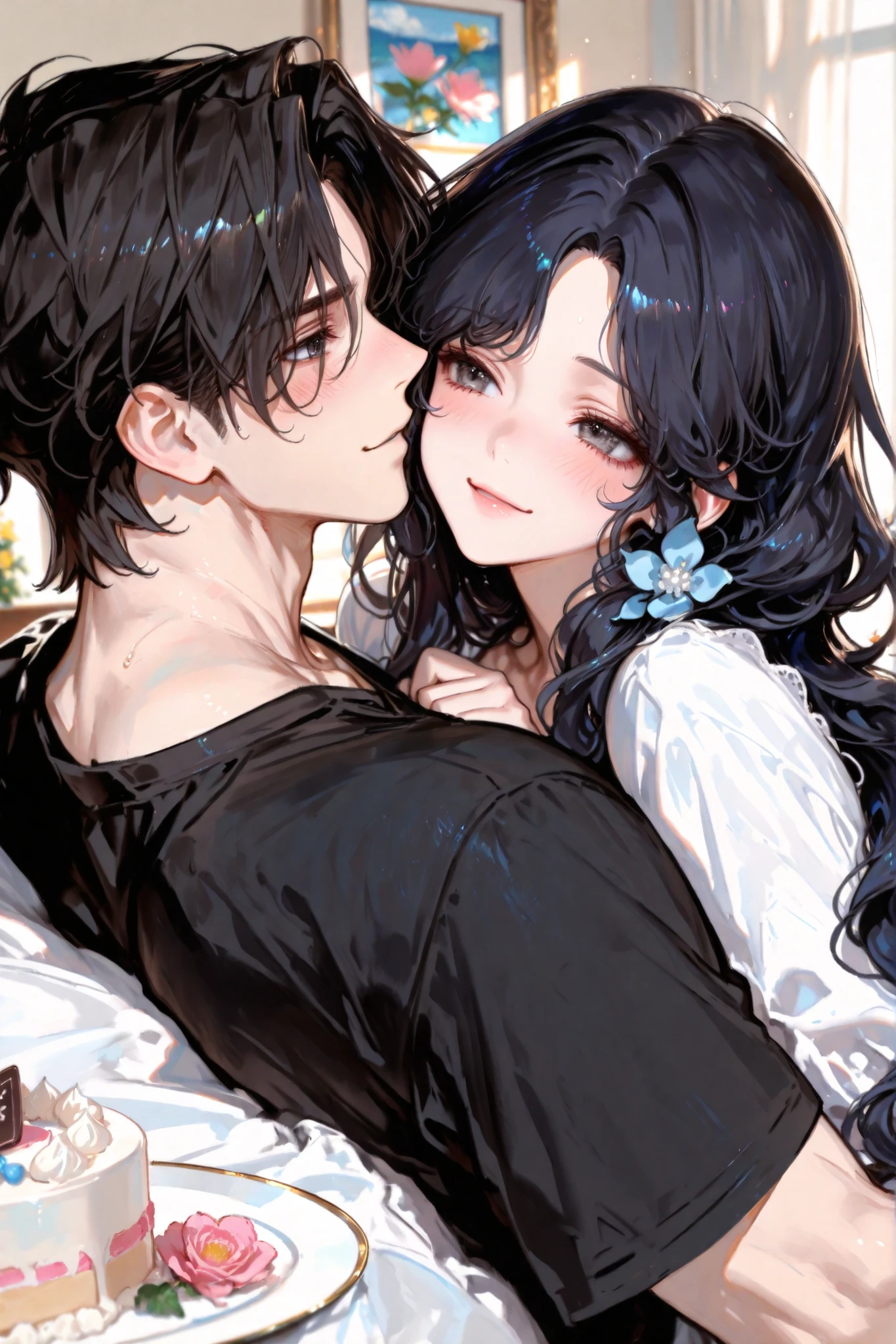 1male and 1female lovely romantic couple. they hug, The female is a 30-years-old full black hair styled in ((long hair and wavy hair)) and (((curtained bangs))). (Her eyes are beautiful a mix of cyan blue gradation), she looks an happy expression with blush, she wear dark green pajama,
The male is 30-years-old ((very very handsome)) and 190cm tall, with unkempt and curly black hair, long parted bangs, and short hair at the back. he is dark gray eyes, he smile, he wear black shirt, He has a slightly muscular build, the background is wedding propose room with whole cake and flowers, romantic, faces are highly detailed and expressive, capturing the emotions of the moment.
Additional details: very detailed, 8k, ultra HD, cinematic lighting, depth of field, realism-style rendering, vibrant colors, dynamic composition.