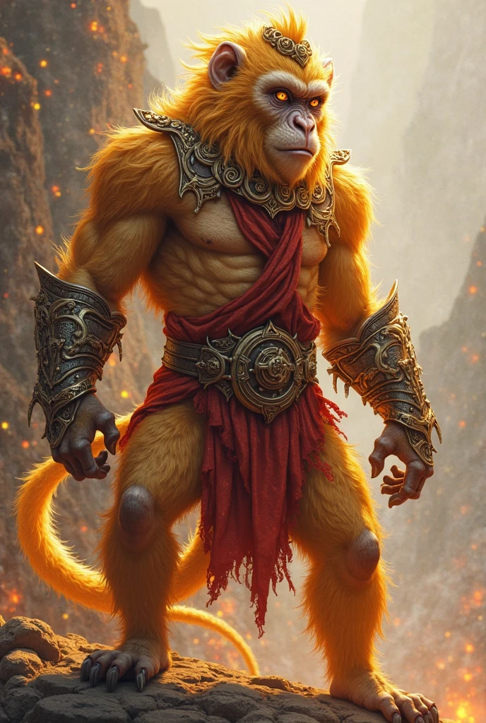 A detailed depiction of the Monkey King from 'Journey to the West'. The Monkey King has a regal yet mischievous appearance with a muscular build and rich golden-brown fur. He wears a golden headband that glows faintly and is dressed in traditional Chinese warrior armor, with intricate red and gold designs. He is standing confidently, holding his signature weapon, the Ruyi Jingu Bang, a magical extendable staff, across his shoulders. His tail is curled, and his expression is a blend of cunning and bravery. The background features a mythical mountain scene with swirling clouds and a vibrant sky at sunrise, with ancient, weathered rocks and mystical peach trees with glowing fruits symbolizing his immortality