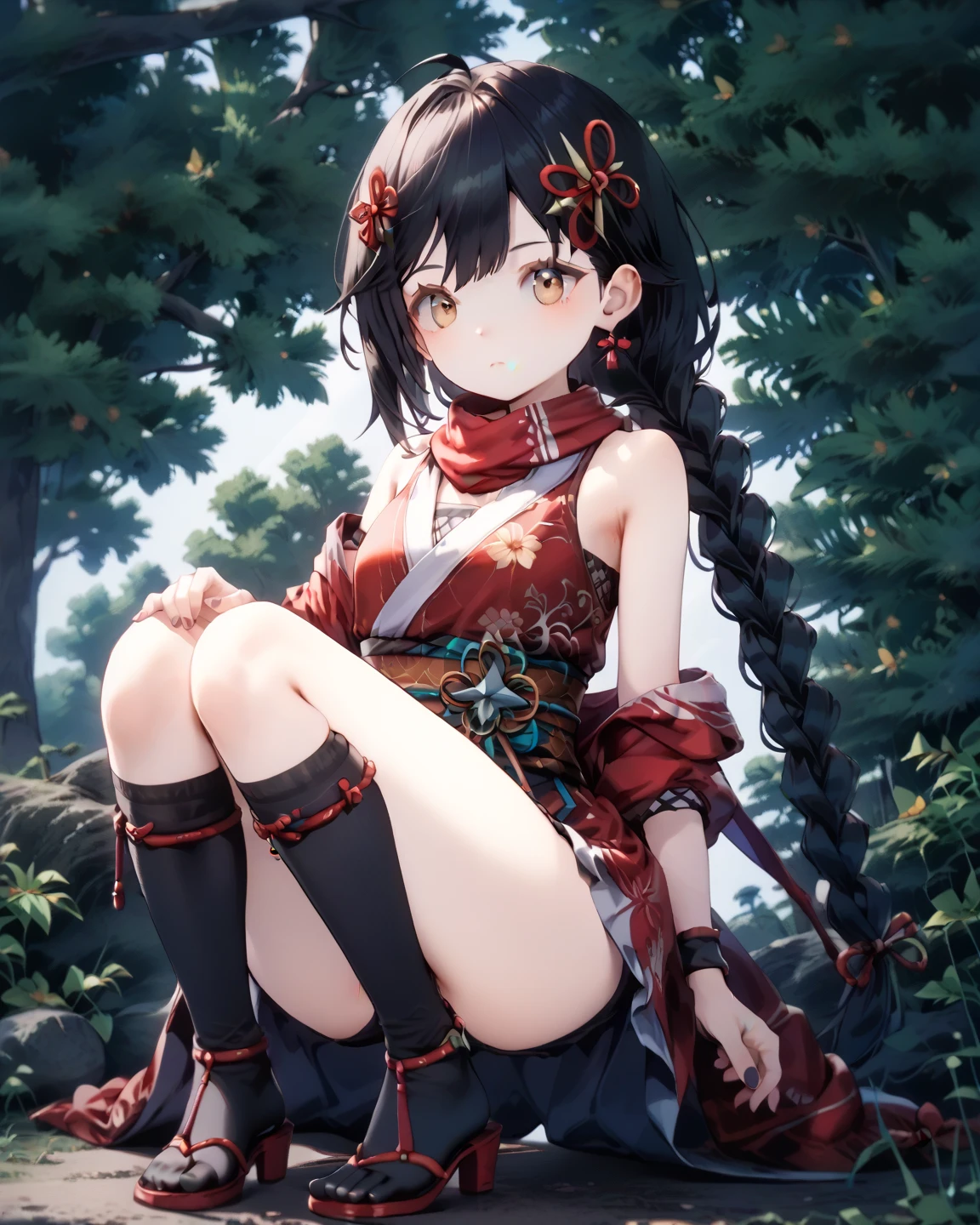 little red riding hood,Sitting,Spread your legs,Black tight knee socks,Light blue and white striped panties、Lower body zoom、Small breasts、Nipples、Covered in milky liquid、Wet