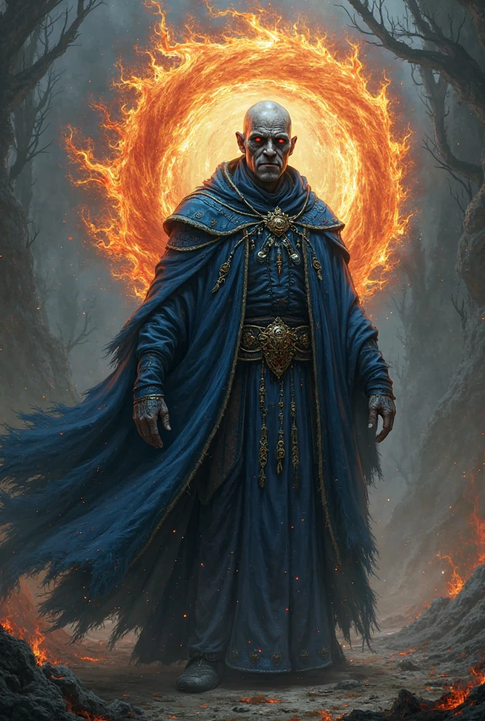 (best quality,ultra-detailed,realistic:1.37),Mumm-ra,horror character,dead blue skin,muscular,red eyes,claws,wearing big red robe, red robe, red color, mummy element, body wrapped in white mummy cloth, portrait,ominous lighting,dark and gloomy colors