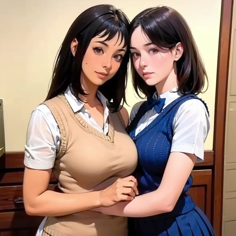 masterpiece, best quality, illustration, very detailed, fine details, high resolution, 8K,wallpaper, Complete dynamic configuration,(Details High Quality, realistic depiction of the eye:1.3), ((2 women)),(collar shirt:1.1), pleated skirt, short bob hair、black hair color, Big Natural Color Lip, play with each other,touching each other's bodies,touching the body of the girl next door,Bold sexy pose, cry a little、20 year old girl、beautiful bridge, hotel room, idol sculpture, Plump thighs, huge breasts, Do not expose