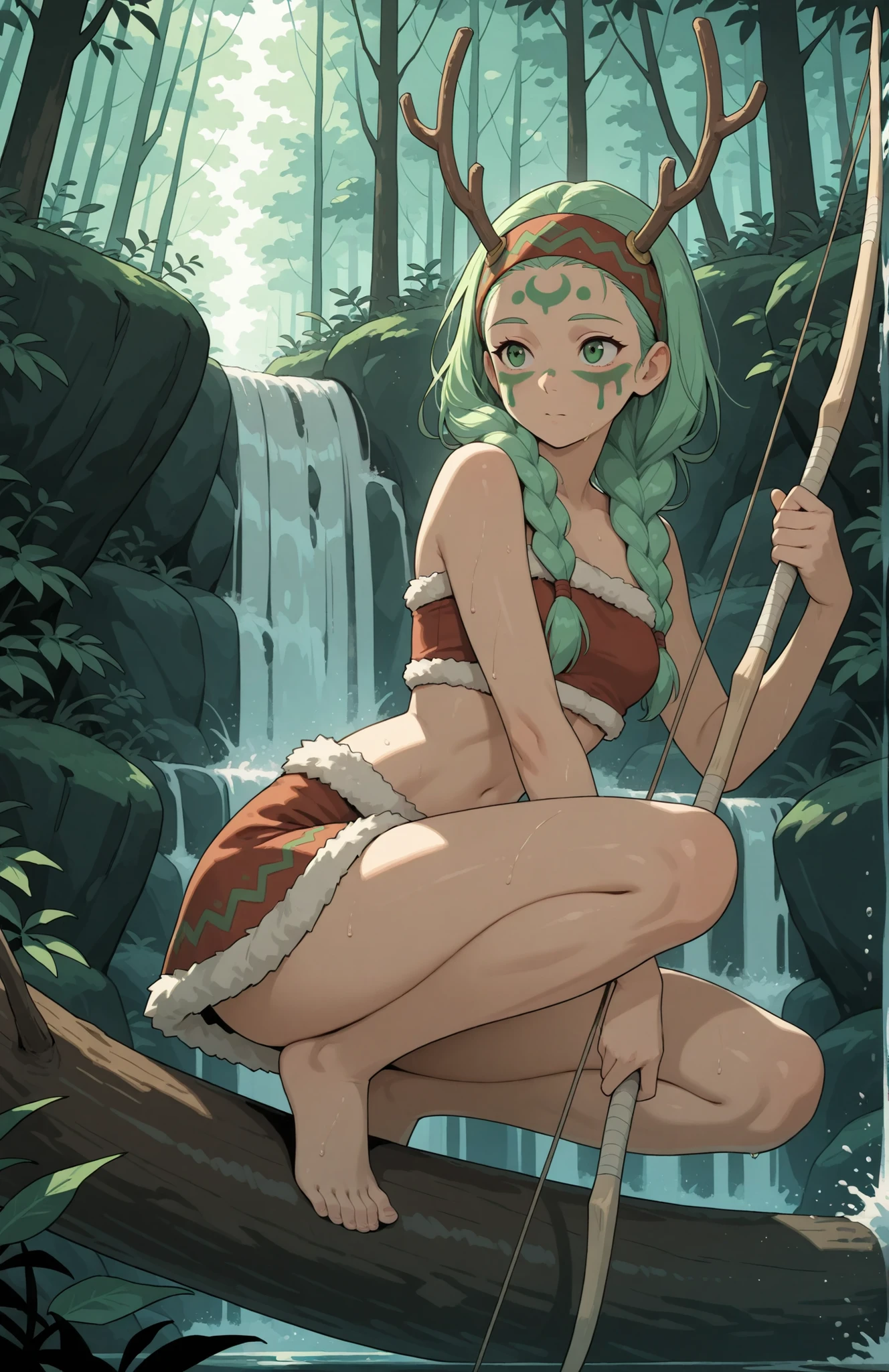 A woman with long green braided hair, fair skin, holding a large wooden hunting bow, wearing animal furs, fur trimmed skirt, a headband with antlers, green face paint, bare midriff, bare legs, focused, crouched, in a forest during the day next to a waterfall, natural lighting, alone, SFW, in full view in a highly detailed anime style