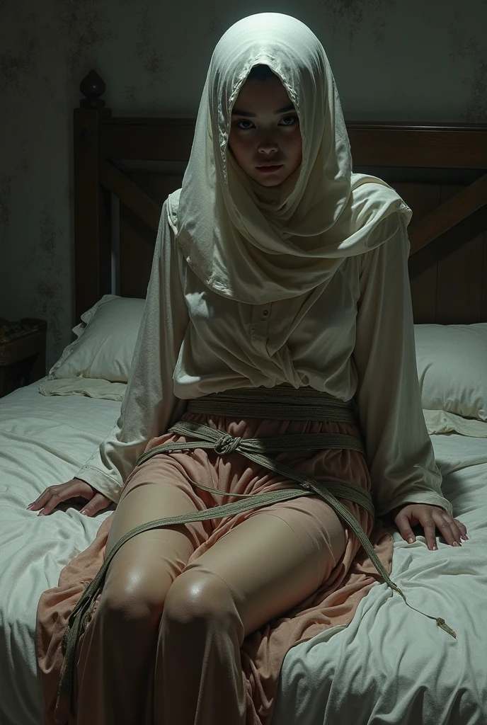 With the beauty of a very thin young woman,((hijab)), lying on the bed, A teenage girl with nude rope bondage on looks sadly into the camera lens,rope bondage, strangled with rope, harness, wrapped in leather straps, naked , topless, bralesd, rope, body harness, japanese shibari as if she is anorexic .very excited. full body viewThe girl's body resembles that of a teenager. lace socks. in the bedroom. Spread your legs wide.nude알몸.bare body.nude.See the conspiracy.Open your eyes wide.Open your buttocks wide. laying on the bed