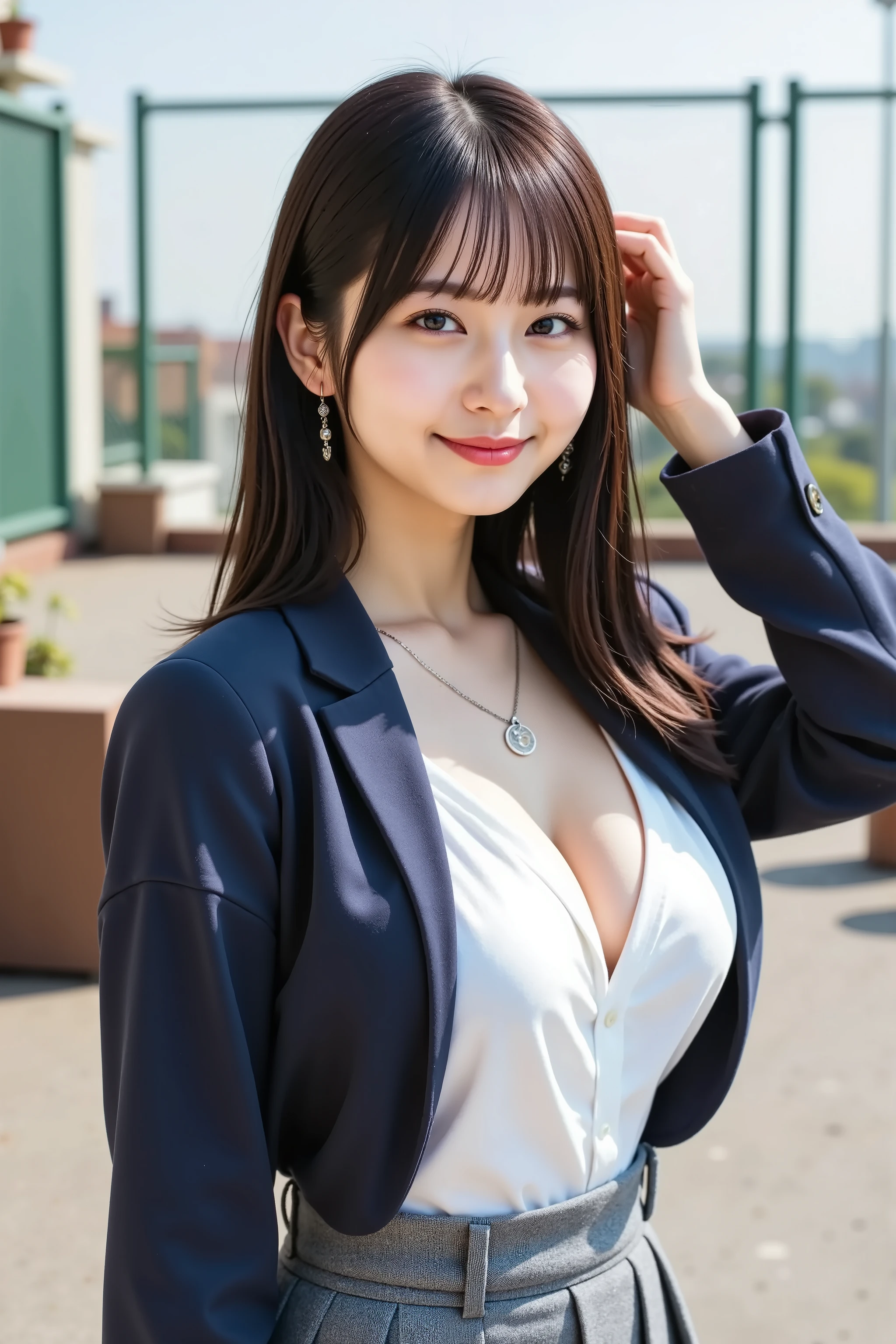 firm and big breasts, cleavage, medium-framed portrait shot from head to mid-thigh of a realistic adult high school girl with her full head and shoulders fully in frame, standing on a school rooftop enclosed by a green chain-link safety fence with distant cityscape glimpsed above the fence and a clear pale blue sky overhead, the concrete rooftop surface scattered with chalk markings and potted plants in the corners, background softly blurred by shallow depth of field to emphasize her figure, wearing a tailored navy blazer left unbuttoned over a crisp white collared shirt tied at the waist to expose a portion of midriff, the blazer pushed back on her shoulders as she brushes her hair back with one hand in a playful tousle, paired with a pleated gray mini skirt falling above mid-thigh with neat knife pleats and a narrow waistband, the shirt and blazer contours compress her slender torso and lift her firm full breasts into a pronounced wide deep cleavage boldly framed by the blazer lapels and shirt neckline, she wears simple silver hoop earrings catching rooftop sunlight and a thin silver chain necklace at her collarbone, she smiles warmly with a hint of mischief in her eyes, realistic natural skin tones with visible microtexture and a soft dewy sheen on her shoulders and décolletage, hair styled in loose natural waves cascading past her shoulders with individual strands softly illuminated by sunlight, minimal natural makeup with matte base, soft peach blush on cheeks and eyelids, neutral pink lip tint, individually defined eyelashes, neatly groomed brows, slender fingers with neutral polish lightly touching her hair, camera at eye level using an 85 mm lens at f/2.0 aperture for a creamy bokeh that melts the rooftop details and fence into soft orbs, warm key light from the afternoon sun balanced by gentle fill light softening shadows under her chin and arms and subtle rim lighting accentuating her shoulders and hair edges, composition centered with her confident relaxe