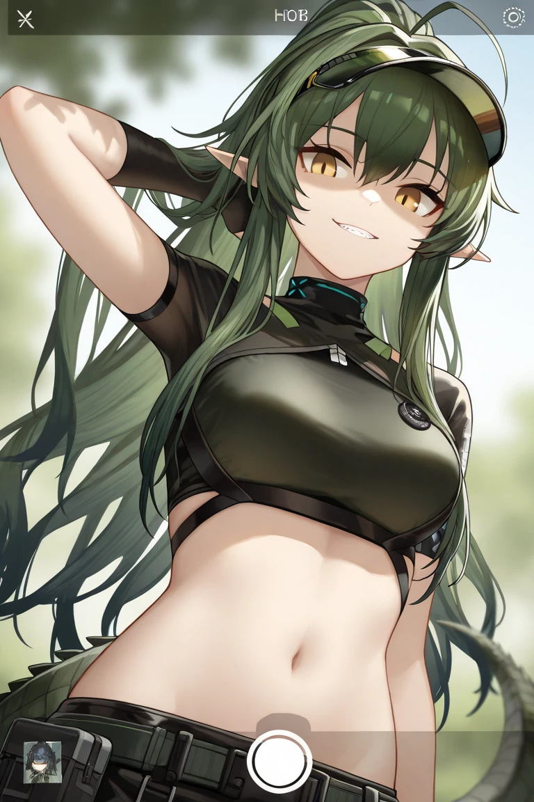 goblin woman, green skin, slim body, long legs, huge breasts, black hair, yellow eyes, no shoes, loose torn t-shirt, and torn mini skirt, 8k, hd, masterpiece, full body, white background