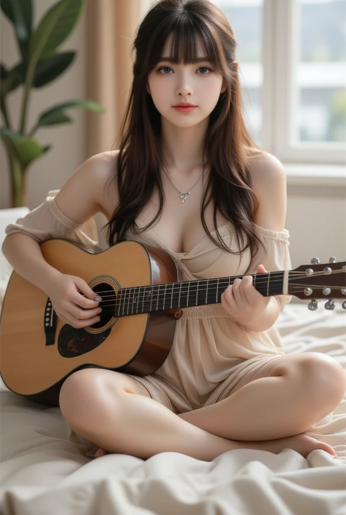 masterpiece, best quality, 1girl, sitting, underboob, in bedroom, playing guitar