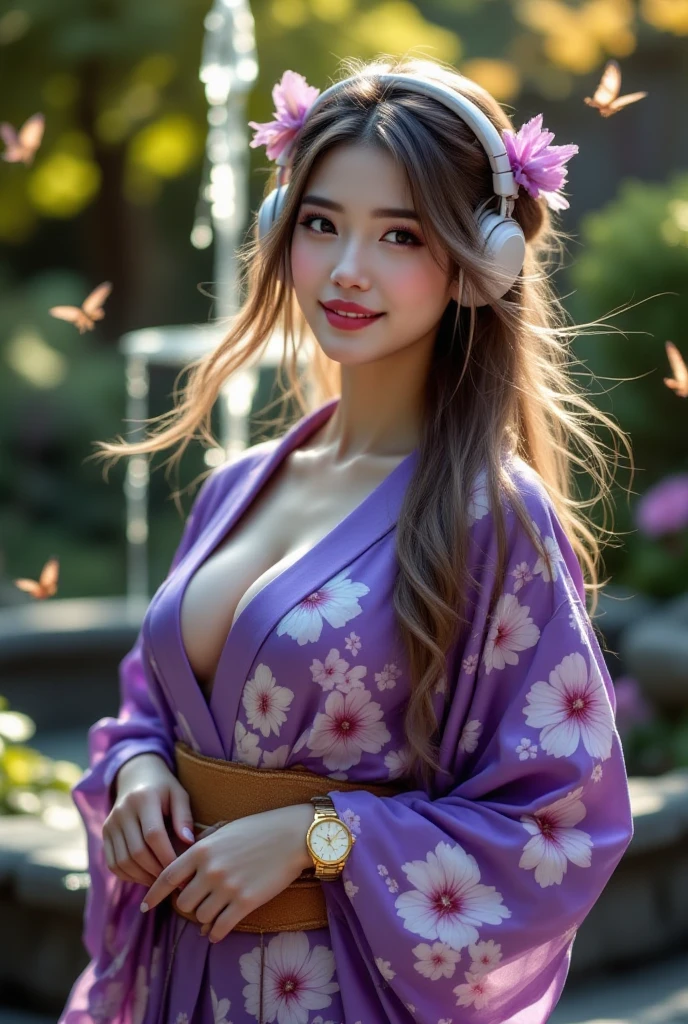 (Selena Gomez) wearing a kimono, big breasts, huge cleavage,curly hair with flowers, cherry trees in background,perfect female body, fyll body, masterpiece, detailed face, fantasy art