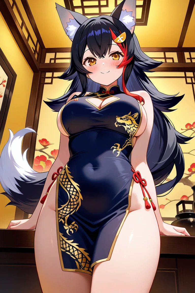 Adult woman, navy blue hair, The ends of gray hair, hairlong, beautiful hairstyle, hair ornament, white eyes, Chinese Clothing, Ornaments, Rings, Heels, Ancient Chinese themes, looking a viewer, Fantasy art, Beautiful painting of characters, Works of art in the style of Guvaika, epic exquisite character art, stunning character art, Beautiful Killer Woman (reference sheet:1.5)