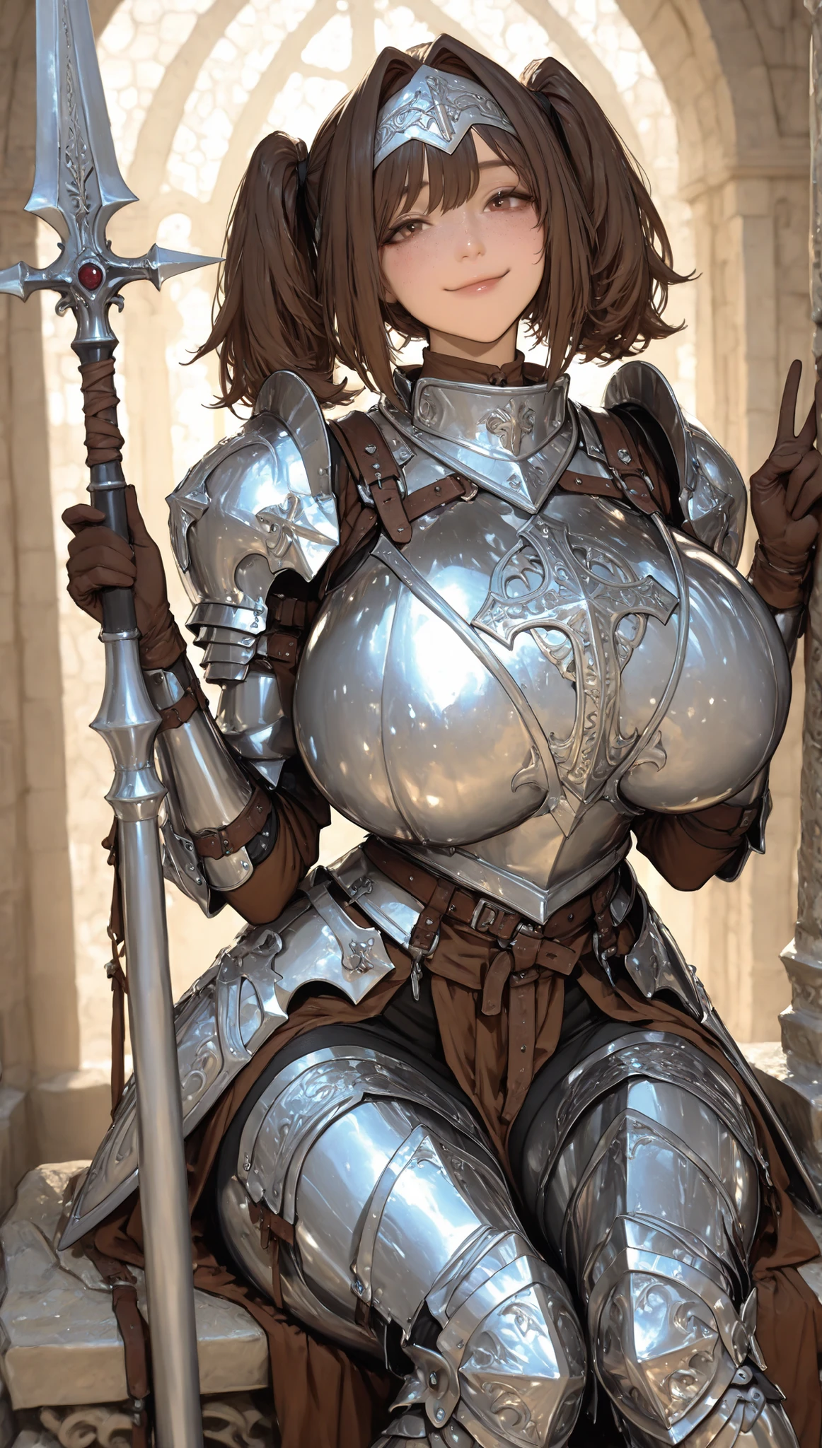 A Female,SOLO,Slim body,Huge Oppai,Brown eyes, (Brown short hair,hair intakes,twintails),Silver Forehead Protector, Wearing A Silver Knight Armor,(Sliver Legs Armor),Holding a Silver Long-handled Spear(Between her legs), In Holy temple,Sitting on A Stone bench,(V-sign)(Smile),UHD, SOLO, anatomically correct, masterpiece, textured skin, high details, highres, 1080P, 16k, accurate, Beautiful face,Perfect face, Highly detailed beautiful face and eyes, Attractive face, Detailed face, Delicate facial features, Detailed skin,Cowboy shot,Look at the viewer