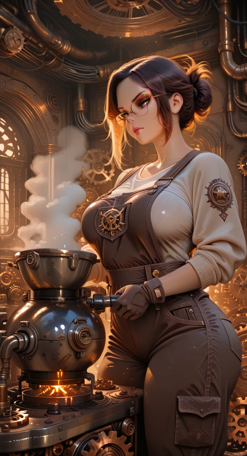 (ultra high res,photorealistic,realistic,best quality,photo-realistic),
(8k, raw photo, best quality, masterpiece),
(photon mapping, radiosity, physically-based rendering,automatic white balance),
technological sense, best quality, masterpiece, illustration,CG ,unity ,wallpaper, official art,
Amazing, finely detail, an extremely delicate and beautiful,extremely detailed,
highly detailed, sharp focus,rich background,blurry background,
(real person,photograph),
(((high detailed skin,visible pores))),1 girl,(((full body))),
(((face close-up,haunting smile,moist lips,short hair))),
((irises and pupils are rounded,the pupil reflects the surroundings,eyes are not the same size)),
((Big eyes,perfect eyes,watery eyes)),
((grey hair,thick bangs,high ponytail,)),
((small breasts)),((Steampunk)),Black bra, Linen shirt,(((vacuum tube,steam, gear,copper, pipeline,Clock, steam engine))), <lora:wlopStyleLora_30Epochs:0.4>