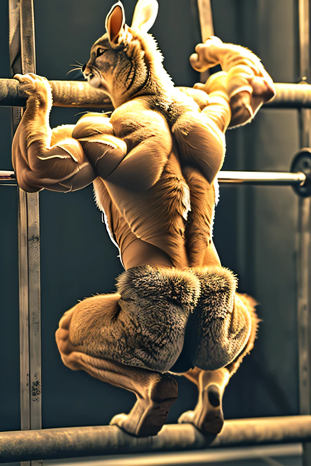 a realistic rabbit, anthropomorphic, doing pull-ups on a metal bar in a modern gym, muscular arms, sweat dripping from fur, intense facial expression, strong back muscles, detailed gym interior, dramatic lighting, dynamic composition, ultra realistic, full body