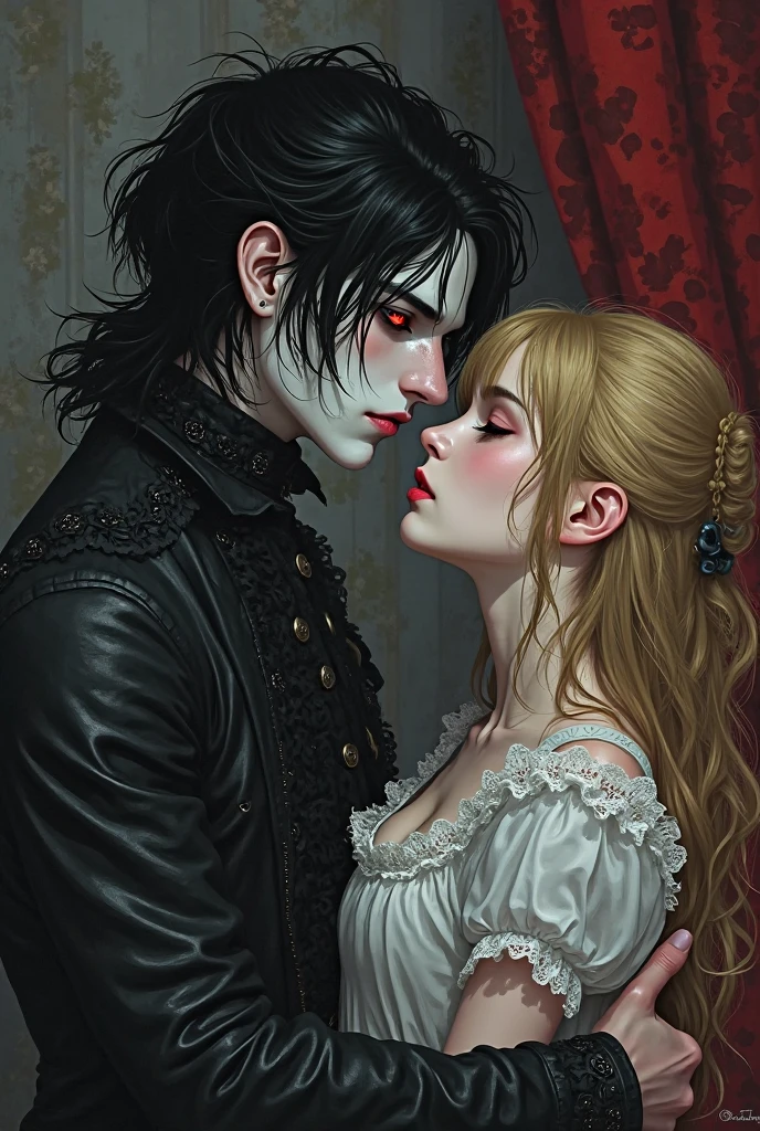 (A male vampire), (drinking blood from the neck of an attractive blonde woman), dramatic lighting, pale skin, (fangs bared), intense gaze, cinematic composition, dark moody atmosphere, deep red and blue color tones, photorealistic, highly detailed, intricate textures, dramatic shadows, cinematic lighting, the woman is in a light, elegant dress, the focus is on the interaction between the vampire and the woman. woman in skimpy modern clothes, (human woman), (vampire man), large vampire fangs, vampire have large canines, vampire canines