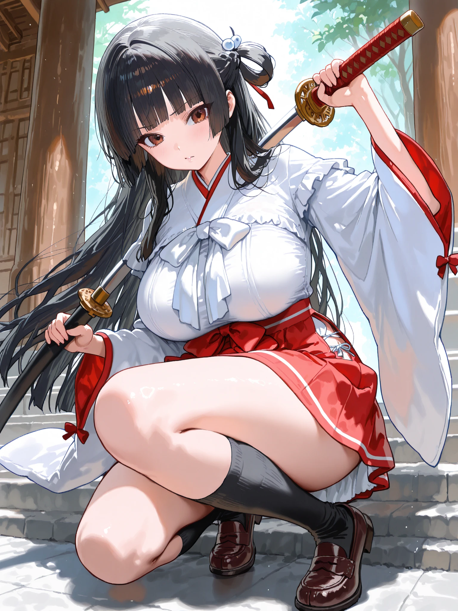 (masterpiece),(Highest quality),(Super detailed),(Best illustrations),(so beautiful), Perfect Face, Perfect hands, Perfect Fingers, hanging breasts, so beautiful長い脚, Black Hair, Red eyes, Long Hair, hime_cut, Removable sleeves, skirt, Frills, red skirt, Wide sleeves, Red Shirt, frilled skirt,Sleeves edged with ribbon, Frillsシャツの襟, Bare shoulders, skirt, Non-traditional Shrine Maiden, holding weapon, katana, armpits,