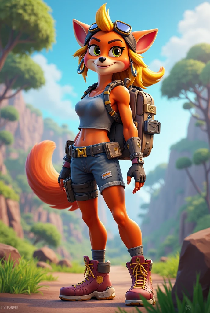[Coco bandicoot], [Uploaded to e621.net; (Pixelsketcher), (wamudraws)], ((masterpiece)), ((HD)), ((solo portrait)), ((full body)), ((front view)), ((feet visible)), ((furry; anthro)), ((detailed fur)), ((detailed shading)), ((beautiful render art)), ((intricate details)), {anthro; orange fur, black nose, (cute green eyes), (red eyeshadow), blonde curly hair, curly ponytail, (small boobs), (curvy hips), (expressionless)}, {(pink tank top), (cleavage), (midriff), (red cargo pants), (utility belt), (brown combat boots), (goggles on head)}, {(standing), (hand on hip), (looking at viewer)}, [background; (tropical forest), (mountaintop), (grass plains), (blue sky), (sun rays), (ambient lighting)]