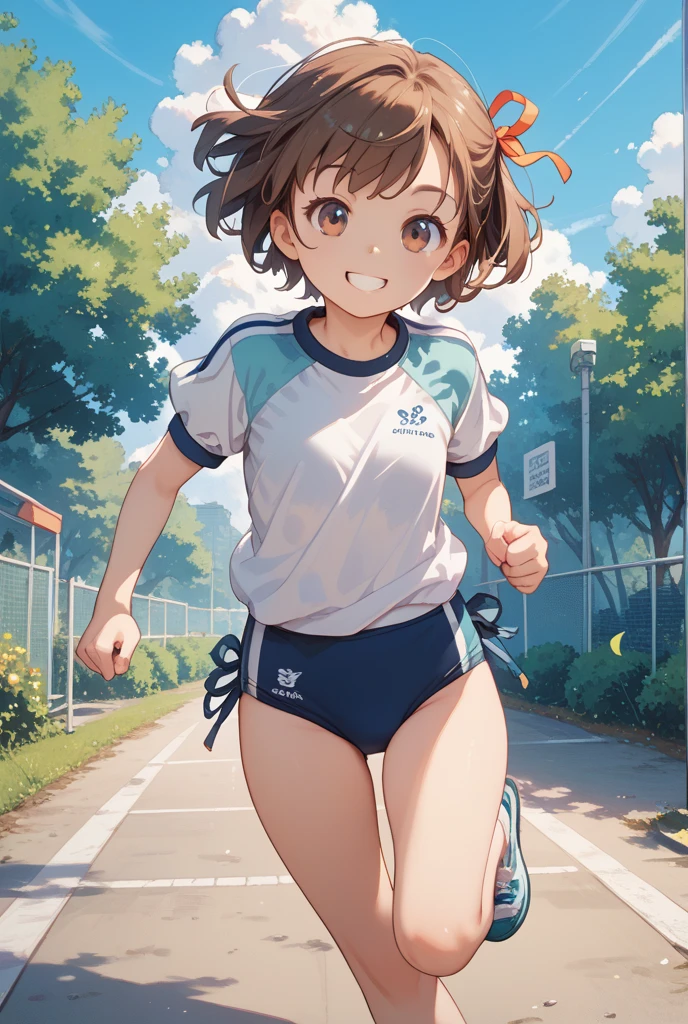 Small breasts、Beautiful and attractive anime woman, Enchanting anime girl, Top rated on pixiv、Short Bob、spats、Exercise clothes、Athletics、Doing a relay、running