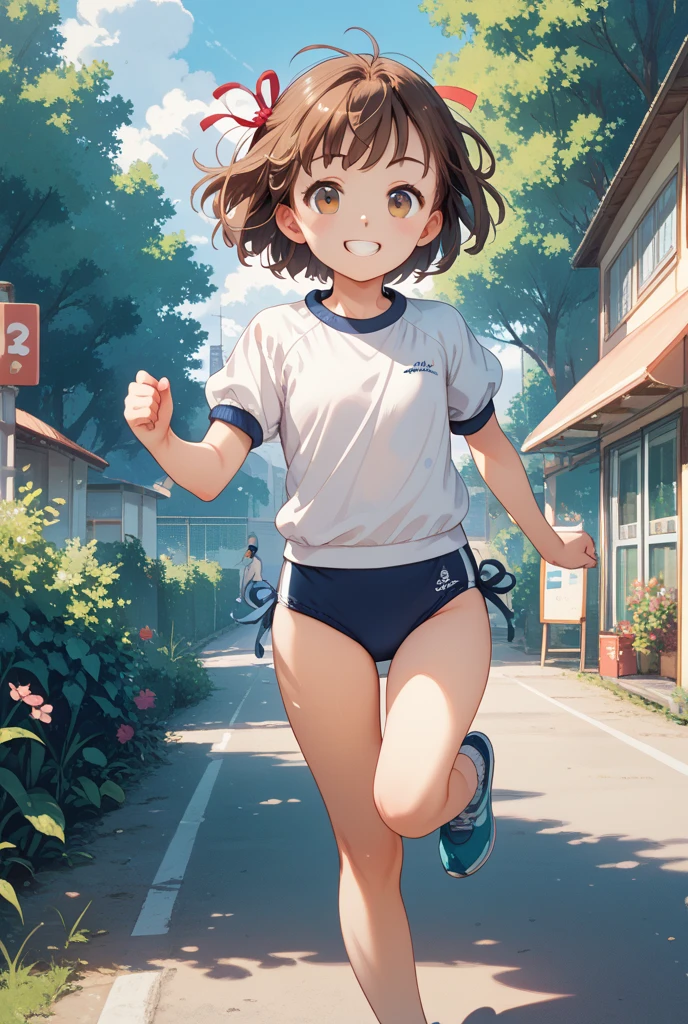 masterpiece, Highest quality,Very short stature,Thin thighs,Illustration of a cute girl running,Pixar Style, Simple Background,,Very cute gym clothes,Perfect detail,