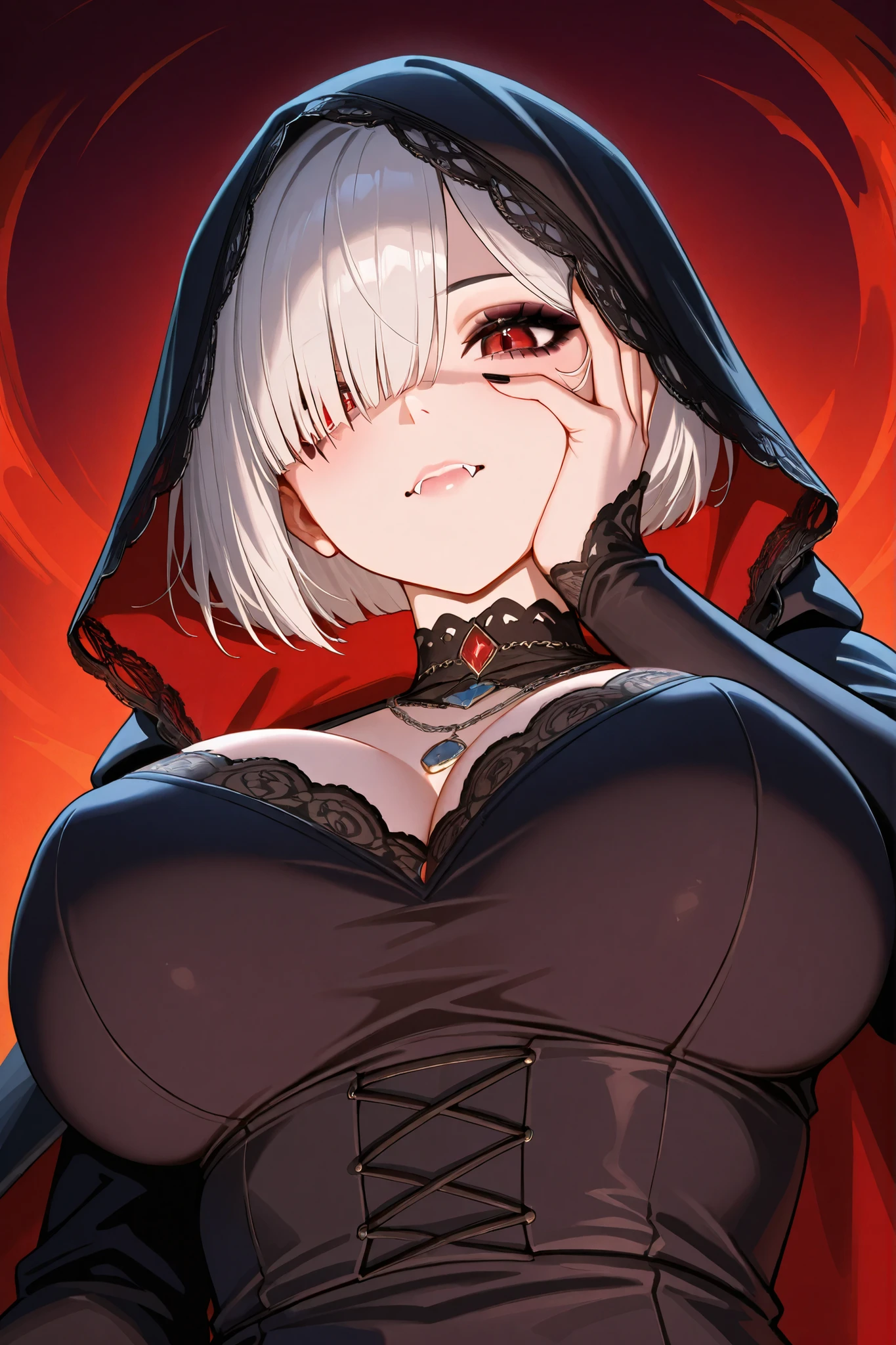 una chica anime con cabello Blanco. Color de Ojos: Intense and enigmatic he is wearing a black Halter neck bodysuit, sin espalda, deja ver una parte de sus pechos y su estomago ( el traje es algo explicito) A black spiked cape is attached to the black hood, . Medias que llegan un poco abajo de las rodillas, tiene un buen cuerpo (tetas grandes y buenos muslos ) his hair sticks out of his hood and he has a black mask with white eyes